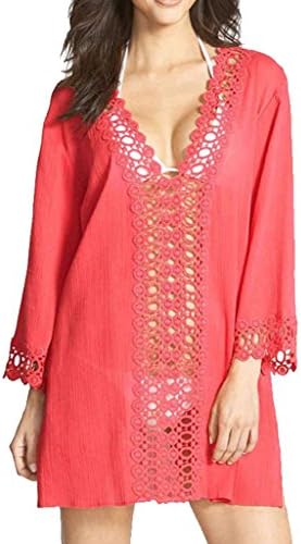 ASWear Casual Women's Floral Lace Beach Bikini Cover-up Top Swimsuit, Red