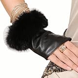 Warmen Women's Lambskin Leather Fingerless with Rabbit Fur Trim