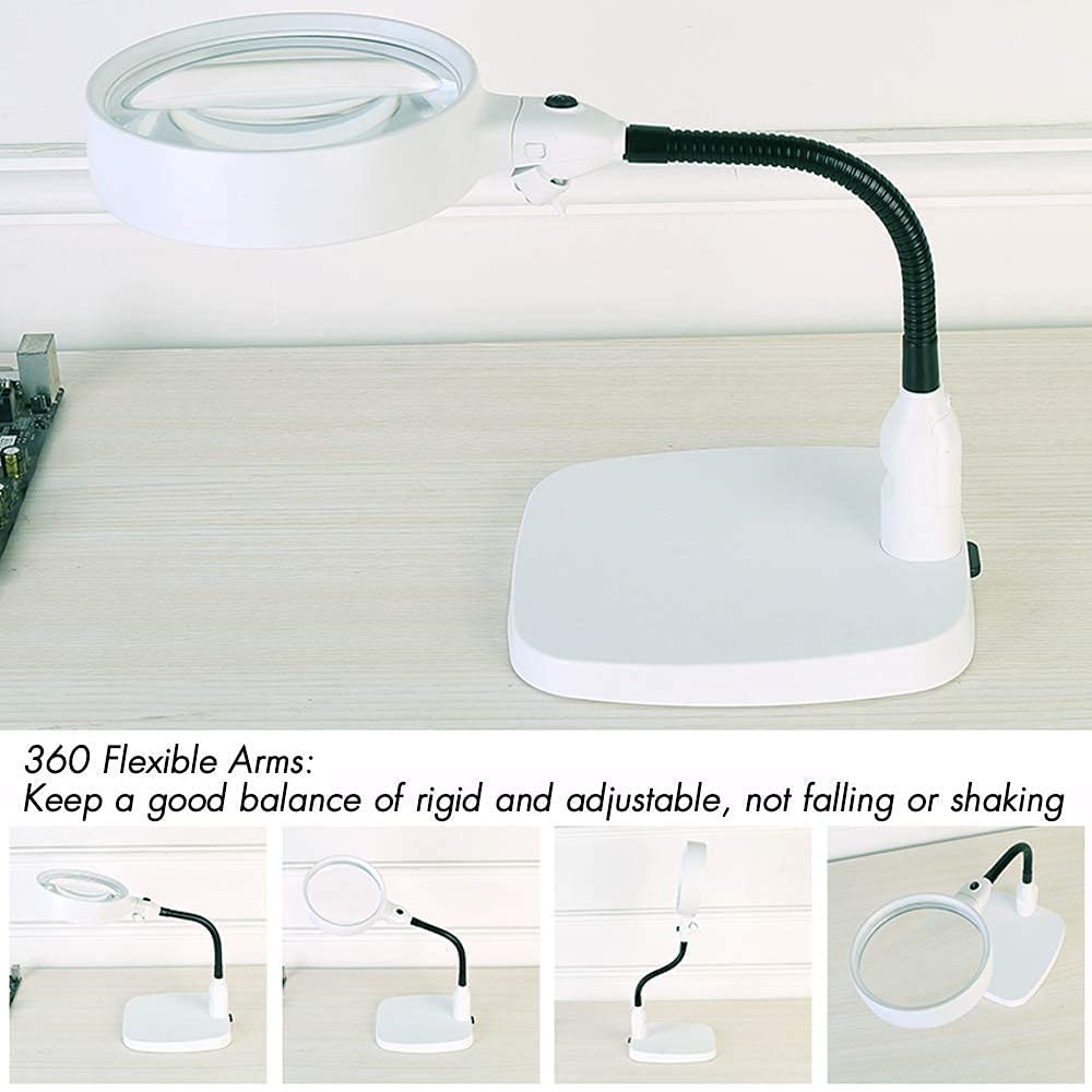 Leffis Large 10X Magnifying Lamp Magnifying Glass with Light and Stand Hands Free Folding Design with 6 LED Lamp Lighted Magnifying Glasses for Close Work, Reading, Crafts, Hobbies, Workbench, (White)