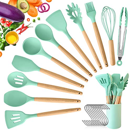 MOONORN Silicone Cooking Utensil Set â 11 Pieces Wooden Handle Kitchen Utensils with Holder, BPA 