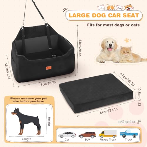 Car Seat for Dogs, 78 x 55 x 53 cm, Removable and Washable Booster Seat for Medium and Large Dogs, Lead Included, Dog Seat for Heavy Cars (Black with Waterproof Leather Coating)