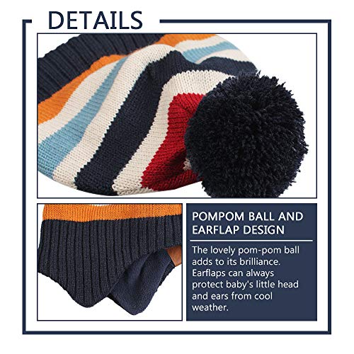 Knit Striped Baby Hat Scarf Set Winter Warm Boys Girls Beanie Fleece Lining Toddler Kids Hat with Pompom (Navy Striped, M)