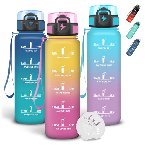 Grsta Leakless Water Bottle, 1 Litre Gym Water Bottle, Easy to Carry, Motivational Water Bottles, Graduated Bottle with Time Indicator for Camping, Bicycle, Travel