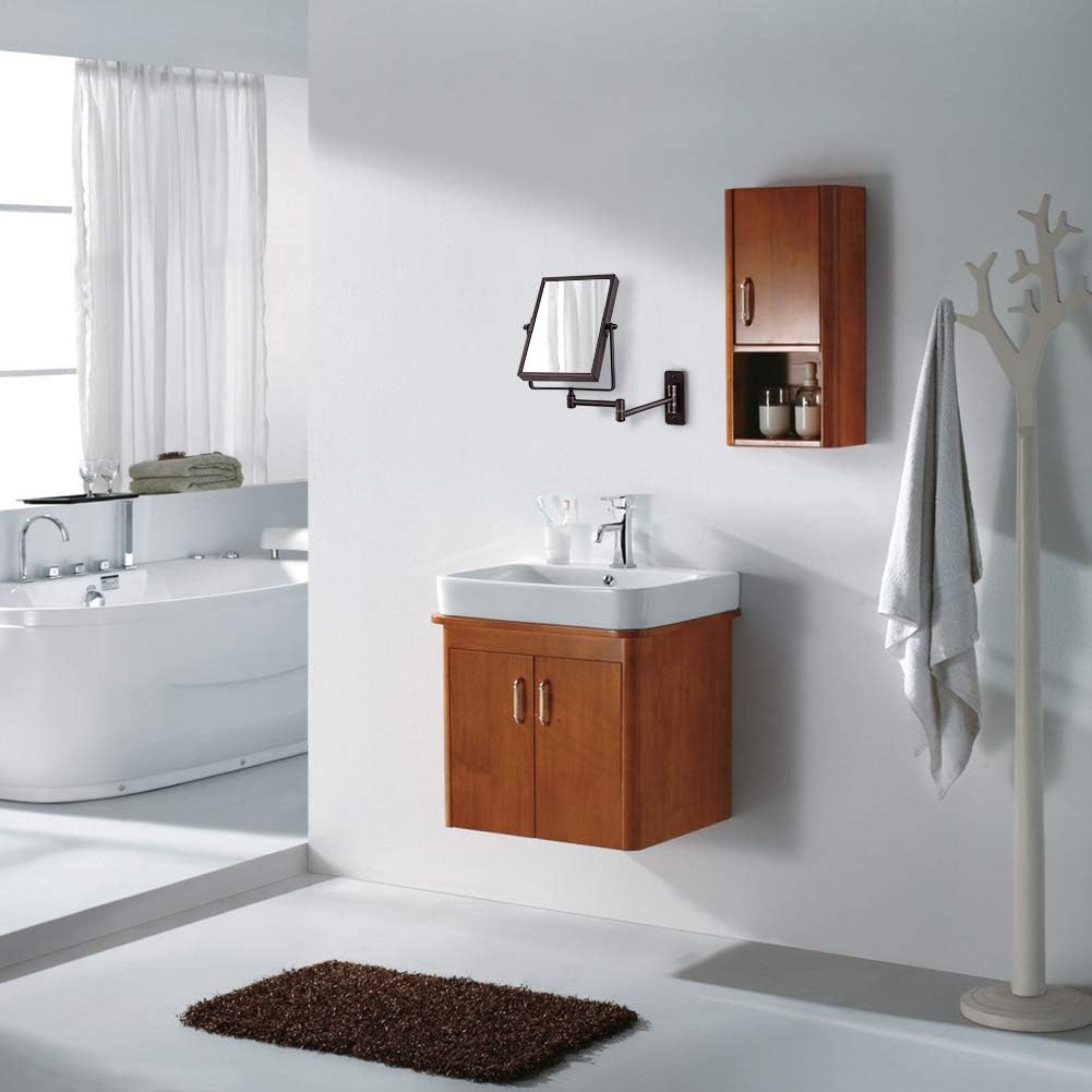 Qimh Wall Mounted Makeup Vanity Mirror, 8x6 Inch Rectangular 3X Magnifying with Extendable Arm, Bronze Double-Sided Swivel Mirror: Furniture & Decor
