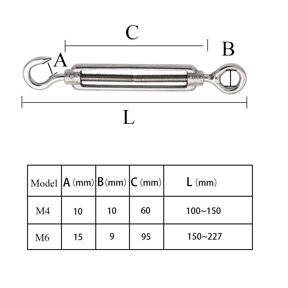 2 Packs M4 Turnbuckle 304 Stainless Steel Hook & Eye Light Duty Wire