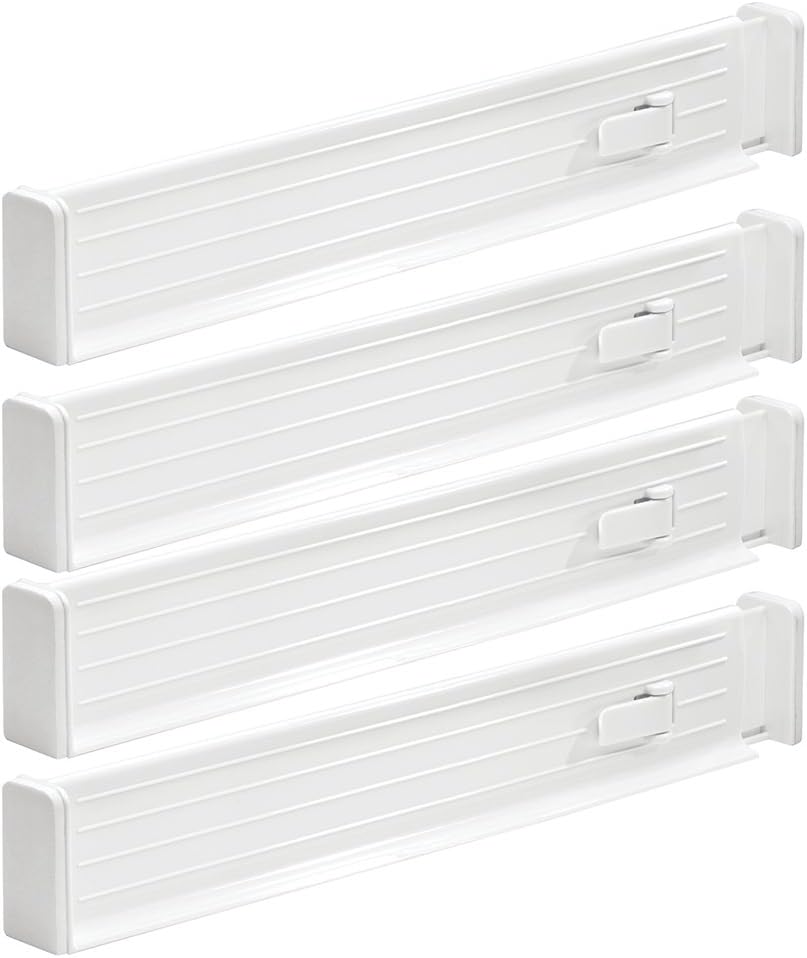 mDesign Adjustable, Expandable Drawer Organizer/Divider - Foam Ends, Strong Secure Hold, Locks in Place - for Bedroom, Bathroom, Closet, Office, Kitchen Storage - 2.5" High, 4 Pack - White: Home & Kitchen