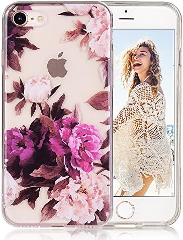 iPhone 8 case, iPhone 7 case, COSANO Floral Flower Clear Design Slim Fit [Hard PC Back + Shock Absorbing Soft Bumper] [Scratch-Resistant] Ultra Thin Transparent Protective Cover (Purple Peony 8)