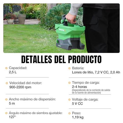 WORKPRO X 7.2 V Universal Rechargeable Battery Seeder, 8 Flow Levels, 6 Speeds and Adjustable Projection Width, Spreader for Lawn Seed, Fertilizer and Anti-Ice Salt
