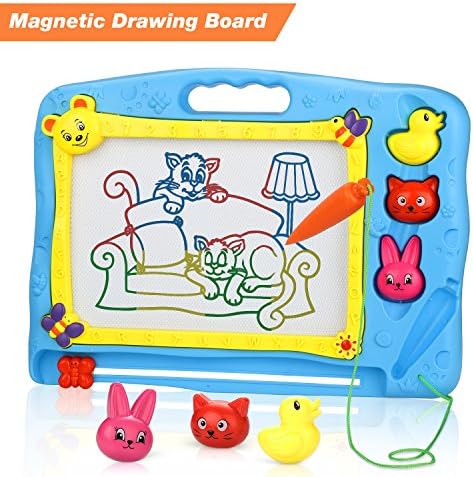 lenbest Large Magnetic Drawing Board, Colorful Erasable Doodle Scribble Boards with Three Animal Stampers Educational Toys to Draw for Kids - Blue