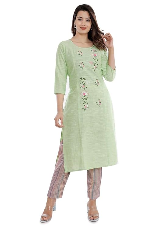 Womens Cotton Embroidred Kurta With Printed Pant Set (Green)