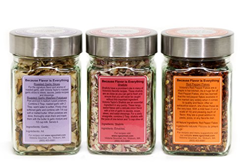 Pantry Essentials - ROASTED GARLIC SLICES, DRIED SHALLOTS, AND RED PEPPER FLAKES add flavor to soup, stew, sauces, and salad dressing. VICTORIA TAYLOR'S BY VICTORIA GOURMET.