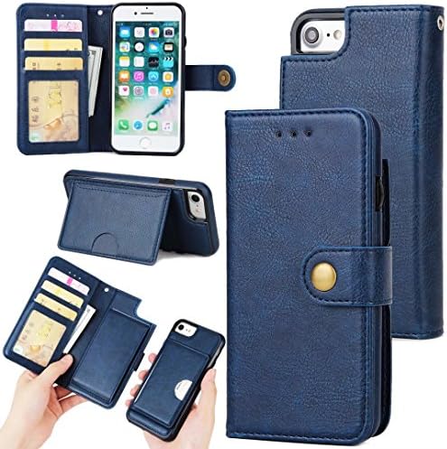 iPhone7 Detachable Case,Zmiq Removable Wallet Phone Case,Double Layer Shock Absorbing Premium Soft PU Color Matching Leather Wallet Cover Flip Cases For iPhone7 iPhone8 (Iphone7 Blue EHY)