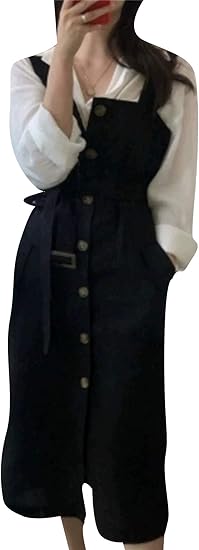 Amazon Co Jp Efofei ジャンパースカートサロペット 重ね着風 マキシ丈 合繊 レディース コスプレ服 披露宴 蝶結び ワンピース カジュアル オールインワン ストライプ 制服 フロントボダン 可愛い 春秋冬 2点セット 學院風 ロリータ 服 ファッション小物