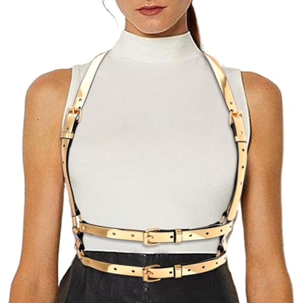 Amazon.com: BODIY Gold Leather Chest Belt Punk Chest Harness  display picture 3