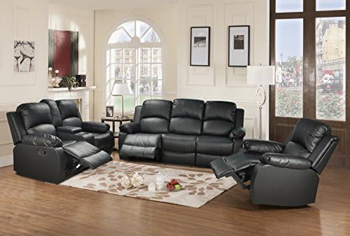 Lifestyle 3-Piece Living Room Black Leather Reclining Sofa, Loveseat, and Chair Set with Drop Down Table and Drink Holder