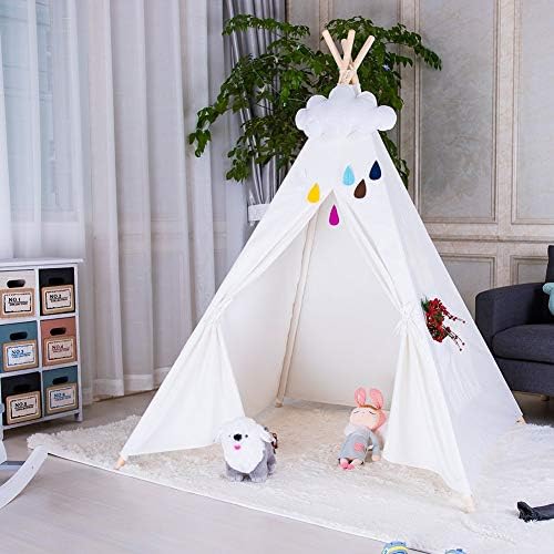 Puzzlos Kids Teepee Tent Children Play Tent Boys Playhouse For Indoor and Outdoor, Portable Indian Wigwam Tipi Toddler Play Tent, 100% Natural Cotton Canvas, Grey Stripe (White)