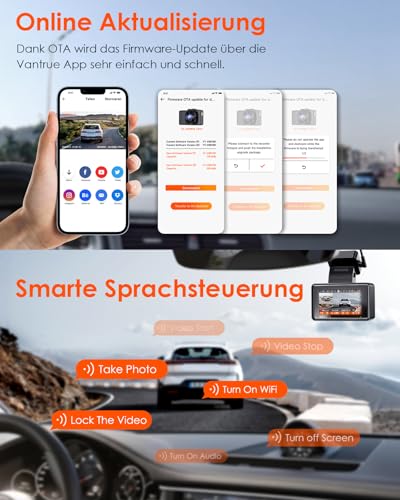 VANTRUE E2 2.7K+2.7K Car Dashcam Front and Rear 5GHz WiFi GPS Dual 1944P Wireless and Voice Control, Parking Mode Pre-Recording, WDR Night Vision 2.45 Inch 160° Max 512G