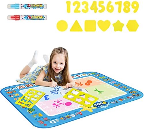 Keeswin Water Magic Mat Early Educational Aqua Drawing/Painting Doodle Pad with 2 Stencil Board Set and 2 Magic Pen for Kids, Girls, Boys, Soccer/ Football Mode, Large Size 39.5 X 31.5 Inch