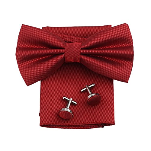 DBC3012 Dark Red Checkered Poly Pre-Tied Bowties In Bulking Hanky Cufflinks Set by Dan Smith