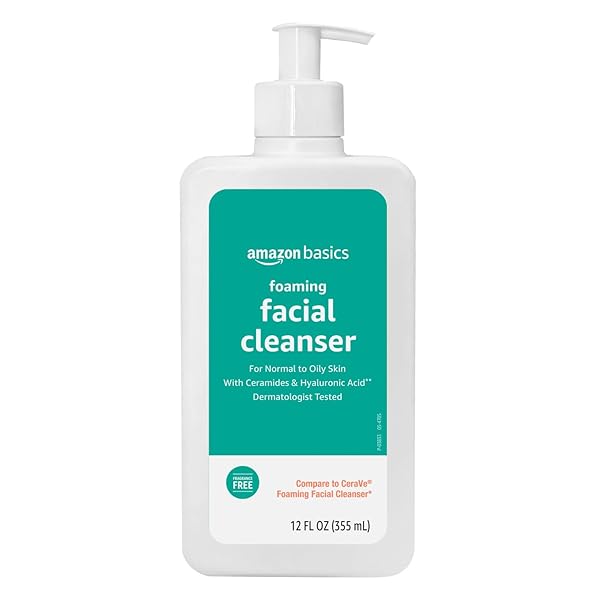 AMAZON BASICS FOAMING FACIAL CLEANSER WITH CERAMIDES & HYALURONIC ACID, FRAGRANCE-FREE, 12 FL OZ, PACK OF 1