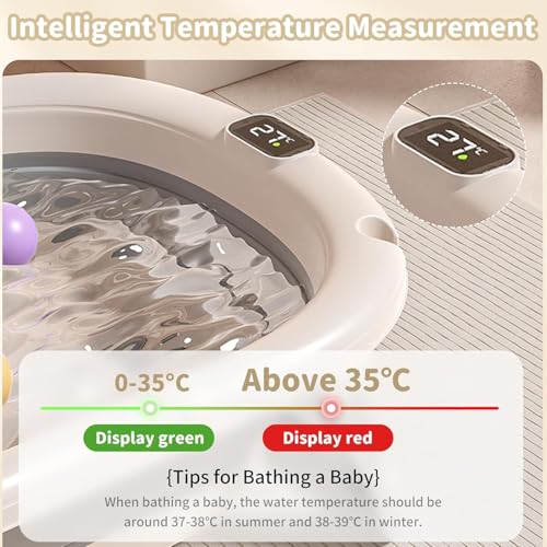Foldable Baby Bath Tub with Seat, Portable Infant Bathtub, Drain Hole and Thermometer, Anti-Tip Legs, Non-Slip Shower Basin for 0-8 Years Boy Girl