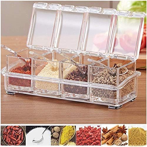 EAGLE FASHION Seasoning Storage Box Clear Spice Rack 4 Box with Spoons for Spice Salt Sugar,Condiment