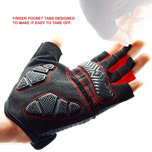 HuwaiH Bike Gloves Gel Pad Shock-absorbing | Anti-slip Outdoor Sports Riding Working Half Fingers Cycling Gloves Short Mountain Bicycle Motorcycle Gloves (Black Red, Large(Male)) - Thumbnail 4