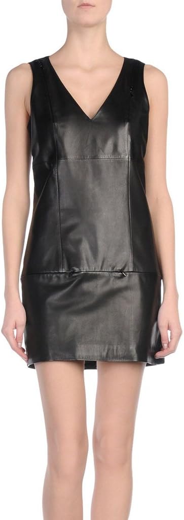 Leatherexotica Womens V Neck Sleeves Women Genuine Leather Mini Day Time Dress