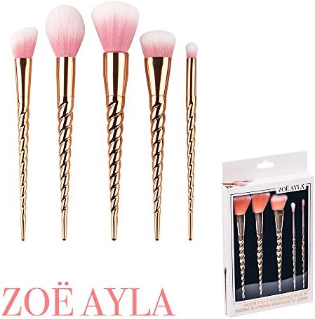 Makeup Brushes, 5 Piece Premium Unicorn Style Set in Rose Gold, Blending Blush Concealer Eye Face Liquid Powder Cream Cosmetics Brushes Kit, from Zoe Ayla