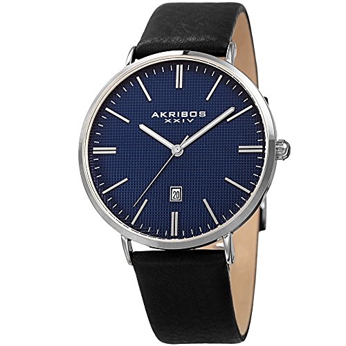 Akribos XXIV Men's Silver-Tone Case with Textured Blue Dial on Black Genuine Leather Strap Watch AK935SSBU