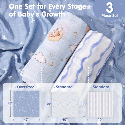 hahaland 100% Natural Bamboo Muslin Baby Blanket Set with 1 Piece 120 x 120 cm and 2 Pieces 100 x 95 cm – Soft and Absorbent Swaddle for Babies