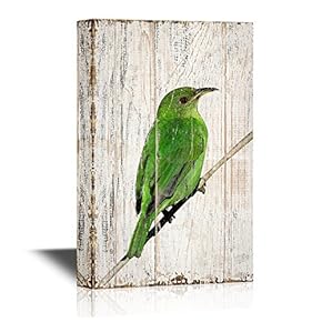 Birds and Poultry Canvas Wall Art - Green Bird Standing on The Tree Branch - Vintage Wood Style Giclee Print Gallery Wrap Modern Home Art | Ready to Hang - 12x18 inches