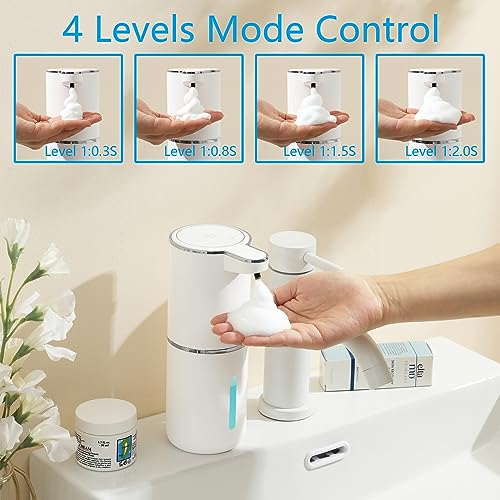 Dispensador automático de sabão espumante – 4 engrenagens de espuma ajustável, adesivo montado na parede – bomba de sabão recarregável para banheiro e cozinha, 368 g/380 ml sem toque