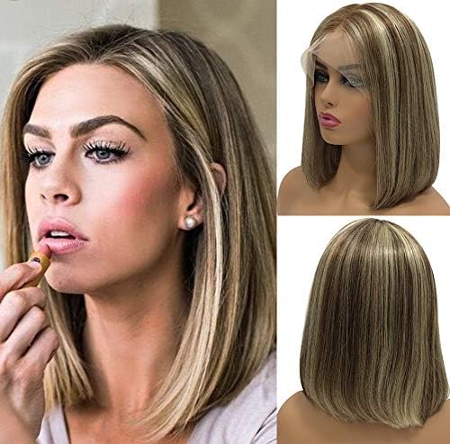 Ombre Bob Wigs13x4 Lace Front Pre Plucked 150% Density Balayage Highlighted Color #1B Fading to #6 Chesthut Blonde Glueless Bleached Knots 16" Short Straight Bob Cut Wig for Women
