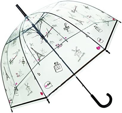 SMATI Stick Clear Umbrella - Windproof - Birdcage Dome See Through (Flowers Stripe Stars Dog Cat)