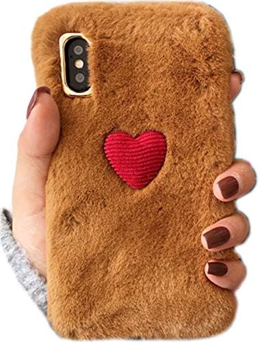 XRX iPhone Xs MAX Fashion Colorful Warm Plush Fluffy Soft TPU Cover Cute Luxury Comfort Stripe Stitching Manual (Brown)