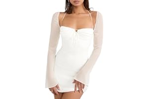 Zebaexf Women's Mesh Dress Long Puff Sleeve Mini Bodycon Sweet Neck Party Mini Dresses for Women