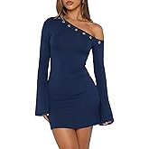 OOQONQ Women's Fall Off The Shoulder Long Flared Sleeve Mini Dress Neckline with Silver Eyelet Bodycon Party Club Dresses
