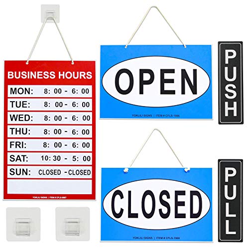 Business Hours Sign, Open Closed Push Pull Door Signs Kit - Vinyl Number Stickers & 2 Adhesive Hooks Included, Perfect for Business Store Bar Office Window