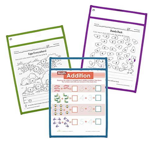 Dry Erase Pockets Reusable Plastic Paper Sleeves,9 x 12 Inches,Mixed Colors,Homeschool Supplies Clear Folders(10-Pack)