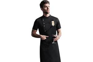 LENMIPOT Men's Fashion Chef Coat Back Breathable Hidden Vent Chef Uniform Chef Jacket Set (Coat+Apron)