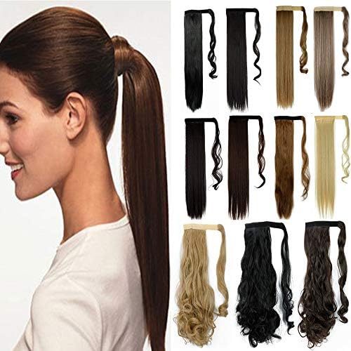 One Piece Ponytail Hair Extensions Clip in Wrap Around on Pony Tail 125G Thick Real Natural Synthetic Fibre Ponytail Hairstyle Hairpiece for Women 23 Inch Straight dark brown to silver gray