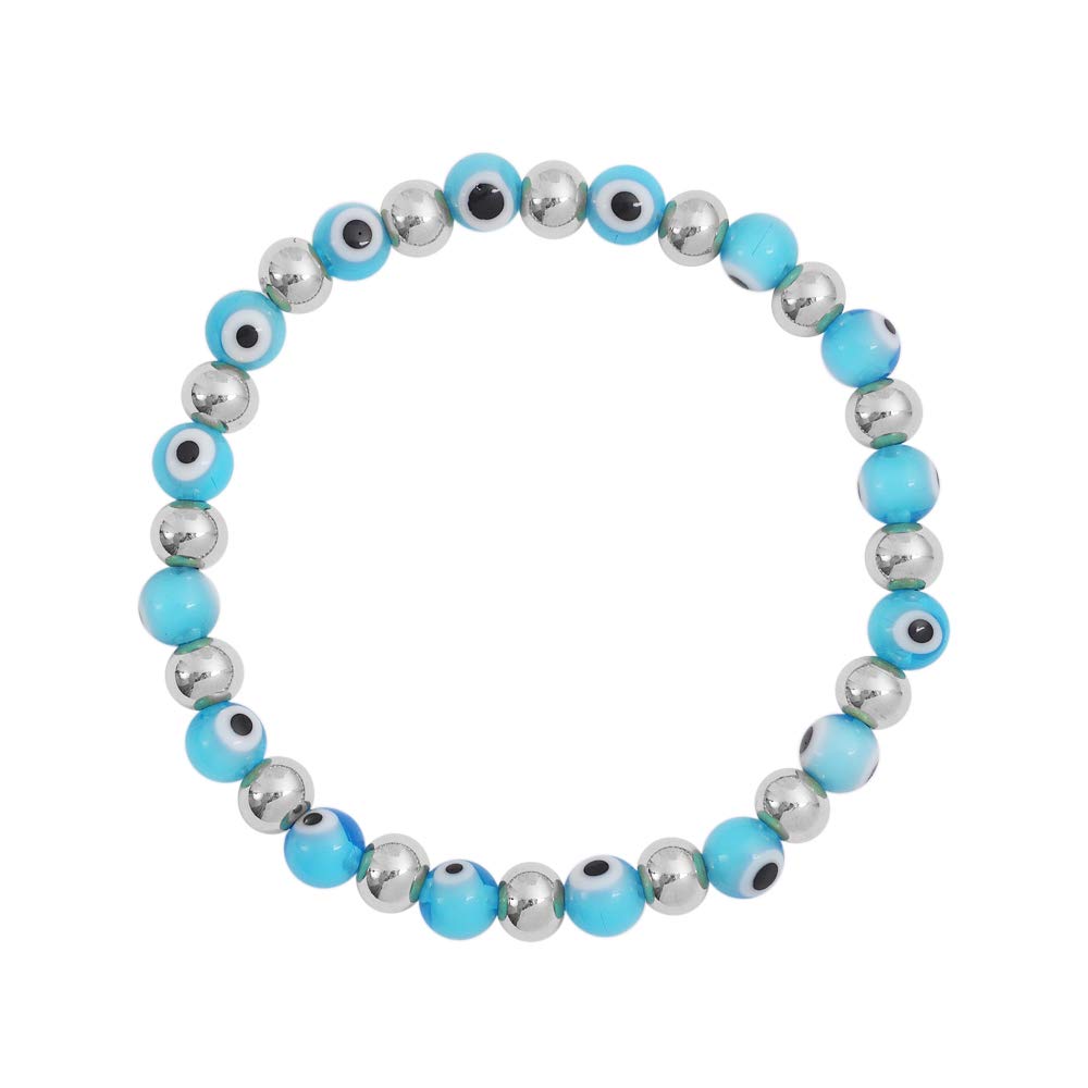 Edforce Stainless Steel Women Enamel Evil Eye Protection Beaded Link Chain Elastic Bracelet, 6 5 inch, Metal