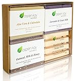 Soap Gift Set, Made With All Naturals & Organic Ingredients & Pure Essential Oils. Lavender Soap, Oatmeal Soap, Aloe Vera & Calendula Soap & Pine Soap Dish.