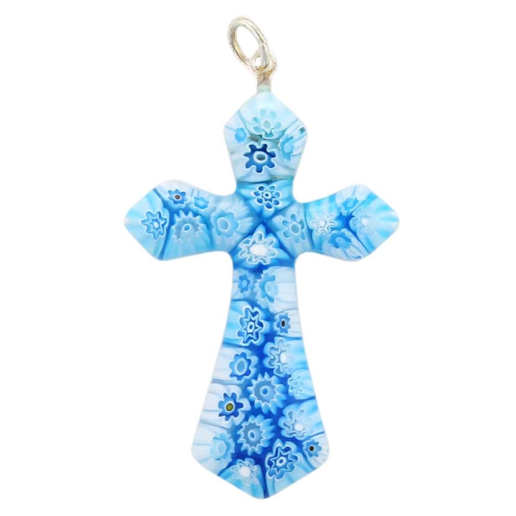 Glass Of Venice Murano Glass Tender Blue Millefiori Elegant Cross Pendant