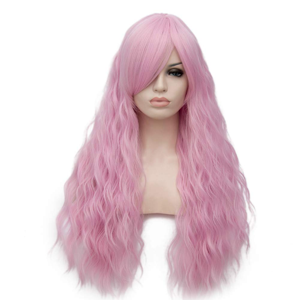 27 inches Pink Long Fashion Wavy side Parting Synthetic Wig Natural fluffy cosplay Christmas Party Daily Wear Wigs for Women with Free Wig Cap