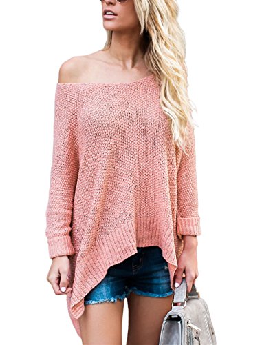 SherryDC Women's Off Shoulder Batwing Sleeve Loose Fitting Knitted Pullover Sweater Knitwear Jumper Tops,(US 8-10)M,Pink