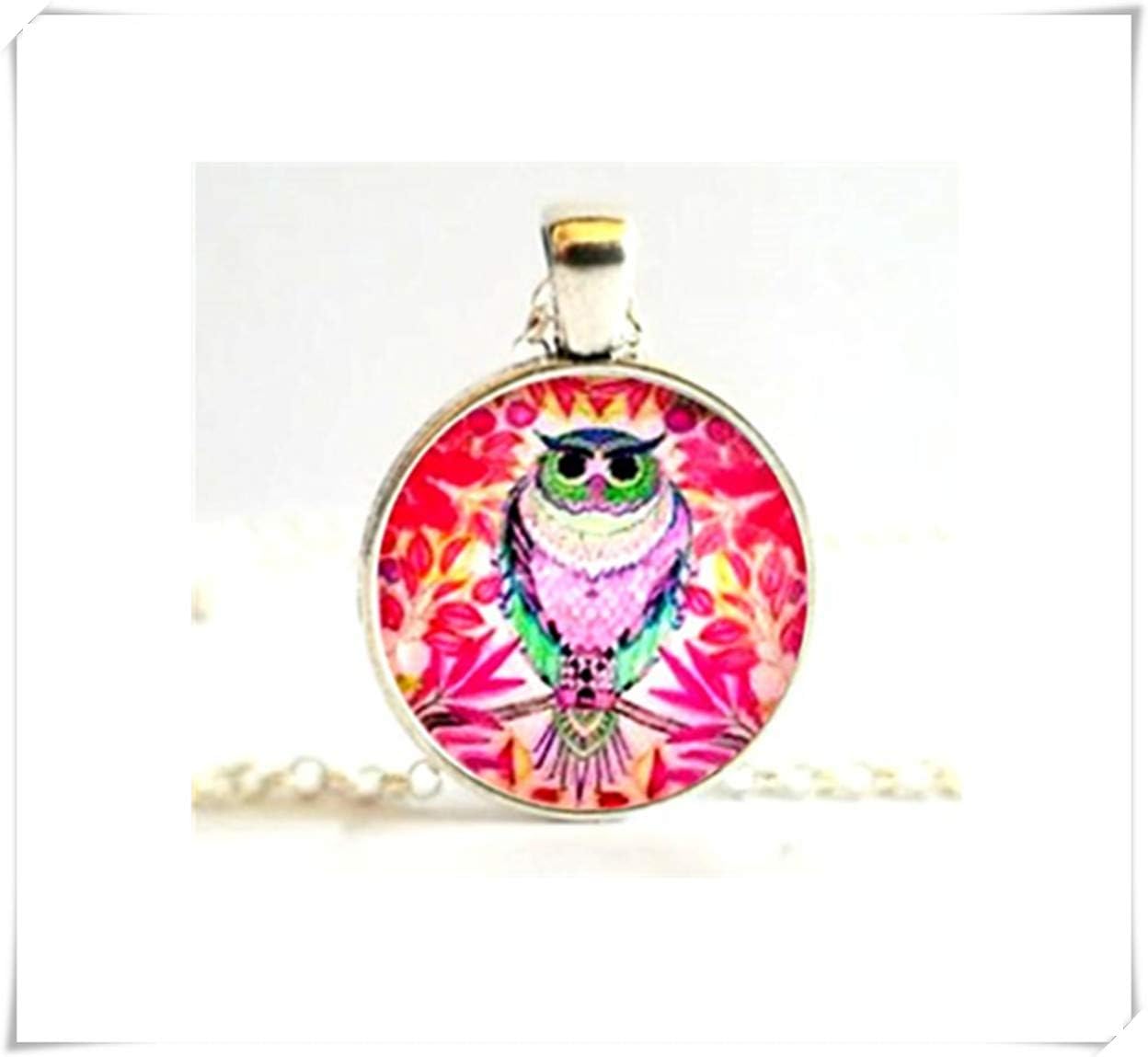 Pink Owl Floral Picture Necklace Pendant,Dome glass jewelry, pure handmade