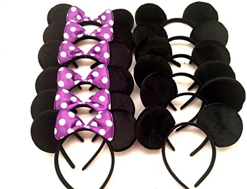 Mickey Mouse Ears Solid Black and Polka Dot Bow Minnie Headband for Boys and Girls Birthday Party or Celebrations (Pack of 24)