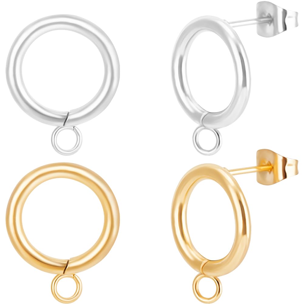 Beebeecraft 1 Box 20Pcs Hollow Round Stud Earring Findings 24K Gold & 925 Sterling Silver Plated Stainless Steel Oval Post Earrings with Loop for Jewellery Making
